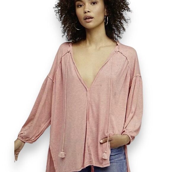 NEW Pink Frill V Neck Tassel Tie Hi Low Hemline Top By Free People - Picture 1 of 5